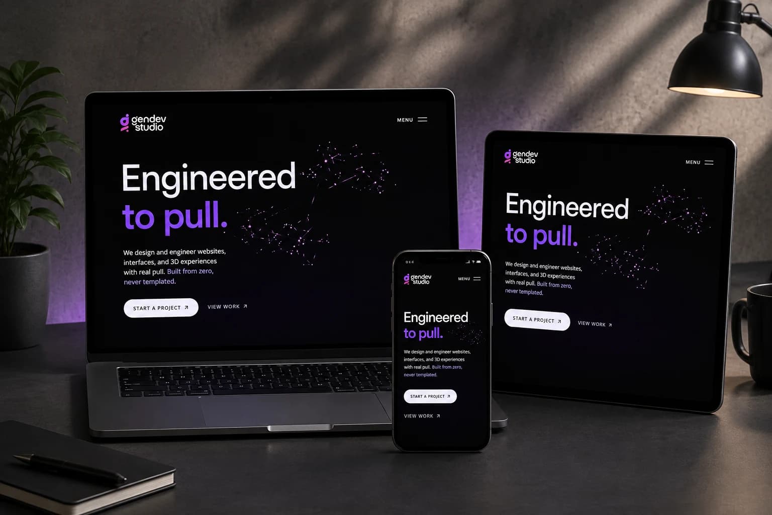 The live GenDev homepage: the headline Engineered to pull, the word pull set in violet, over a near-black background, with the line We design and engineer websites, interfaces and 3D experiences with real pull, and the actions Start a Project and View Work.