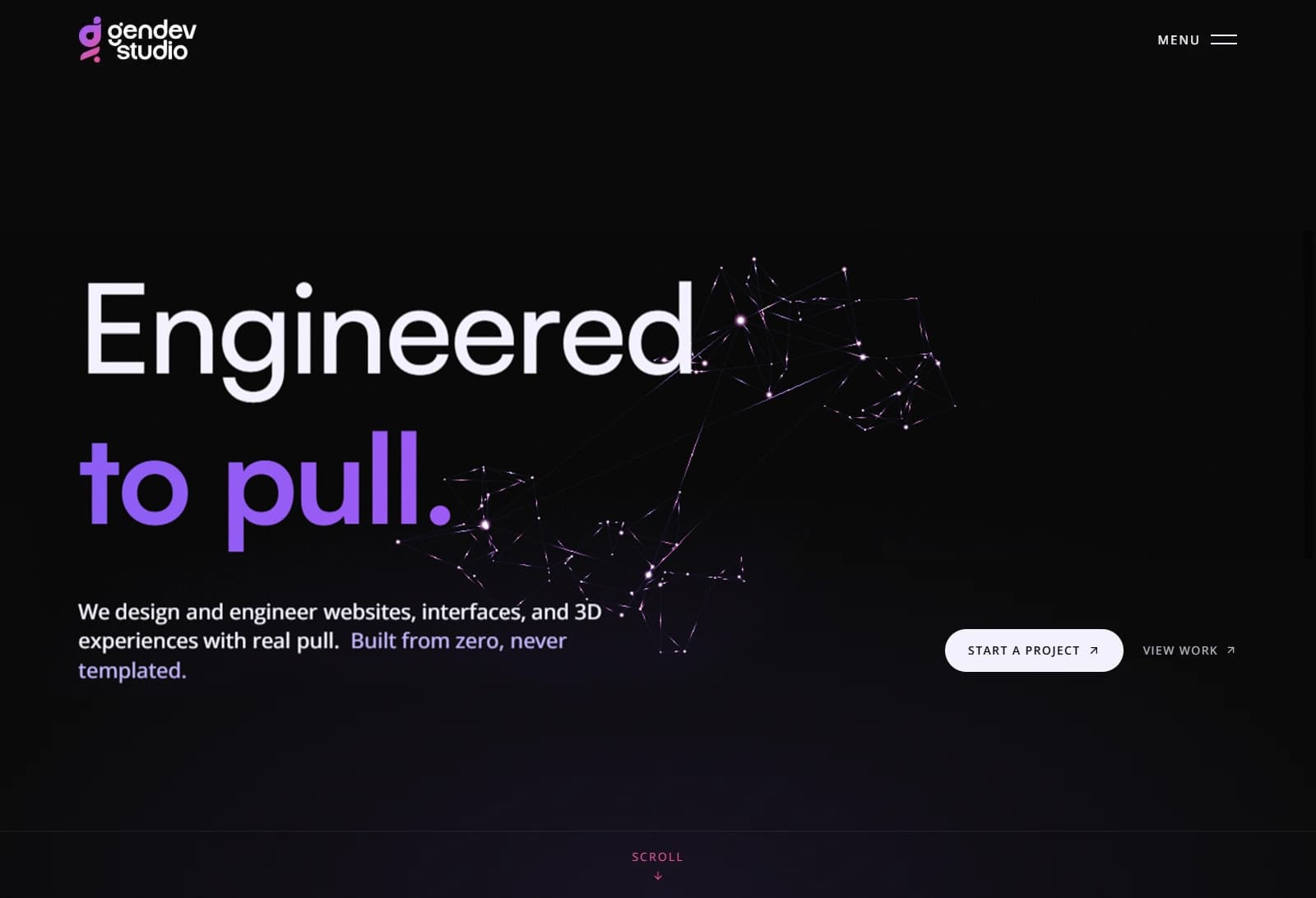 The GenDev homepage: the headline Engineered to pull over a near-black background, with Start a Project and View Work.