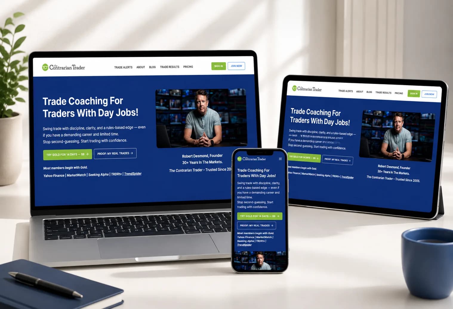 The Contrarian Trader homepage after the redesign, introducing the platform with a clear heading, grouped content and a visible route into the member area.